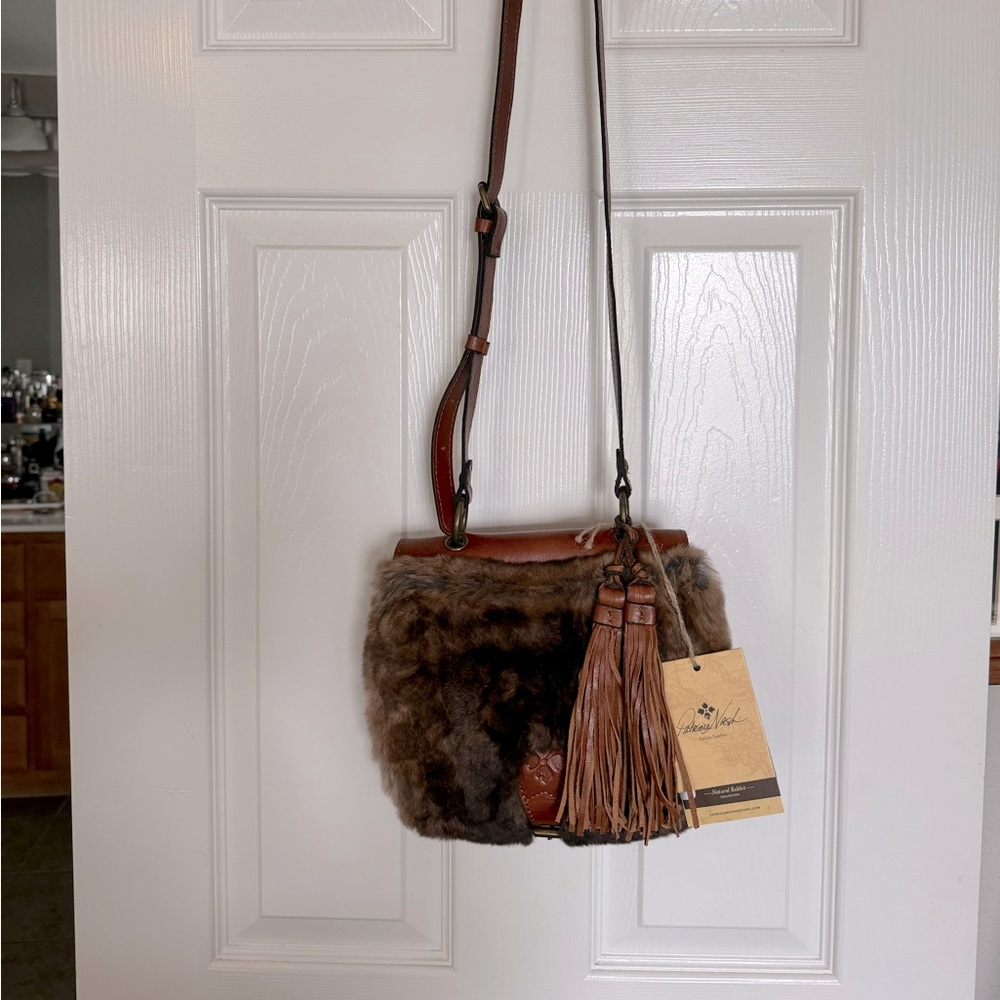 Patricia Nash, Italian Leather Flap, Karissa Natural Fur Crossbody Saddlebag NWT